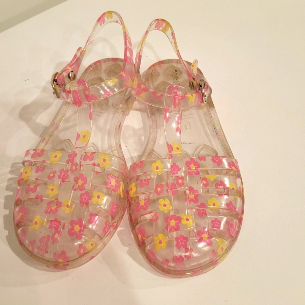 OLD NAVY GIRLS JELLY  FISHERMAN SANDALS CLEAR PINK FLORAL SIZE 1